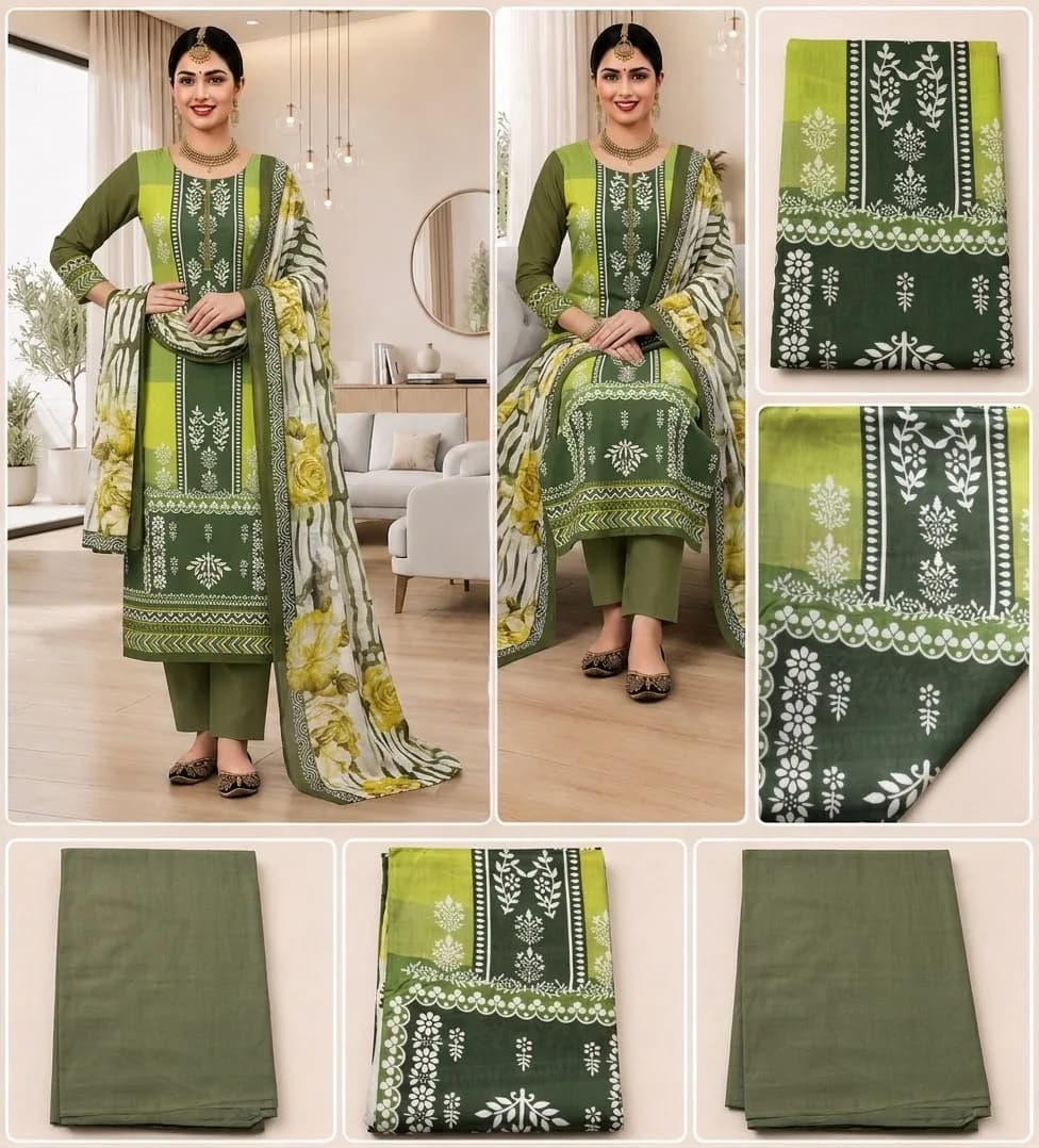 Elegant olive Green printed salweer kameez with Floral Dupatta.