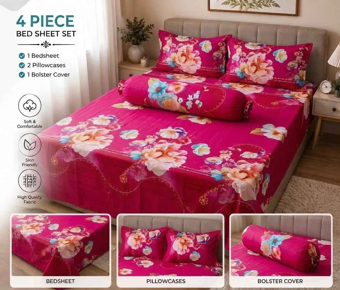 4-Piece Floral Bedsheet Set – Soft & Skin-Friendly Bedding Set with 1 Bedsheet, 2 Pillowcases, and 1 Bolster Cover.