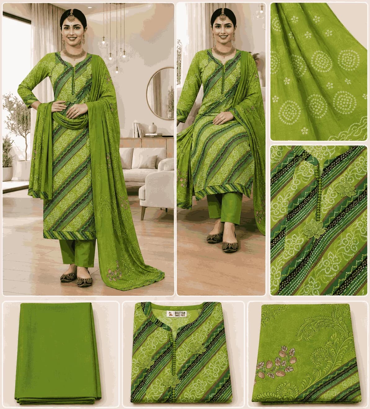 Lime Green Leheriya & Bandhani Print Unstitched/Stitched Salwar Suit Set