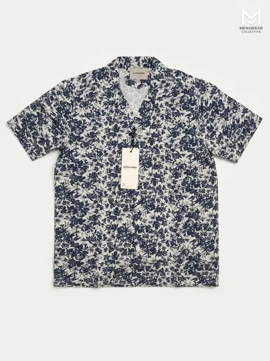 JACK & JONES Navy Blue Floral Print Short-Sleeve Resort Shirt ​