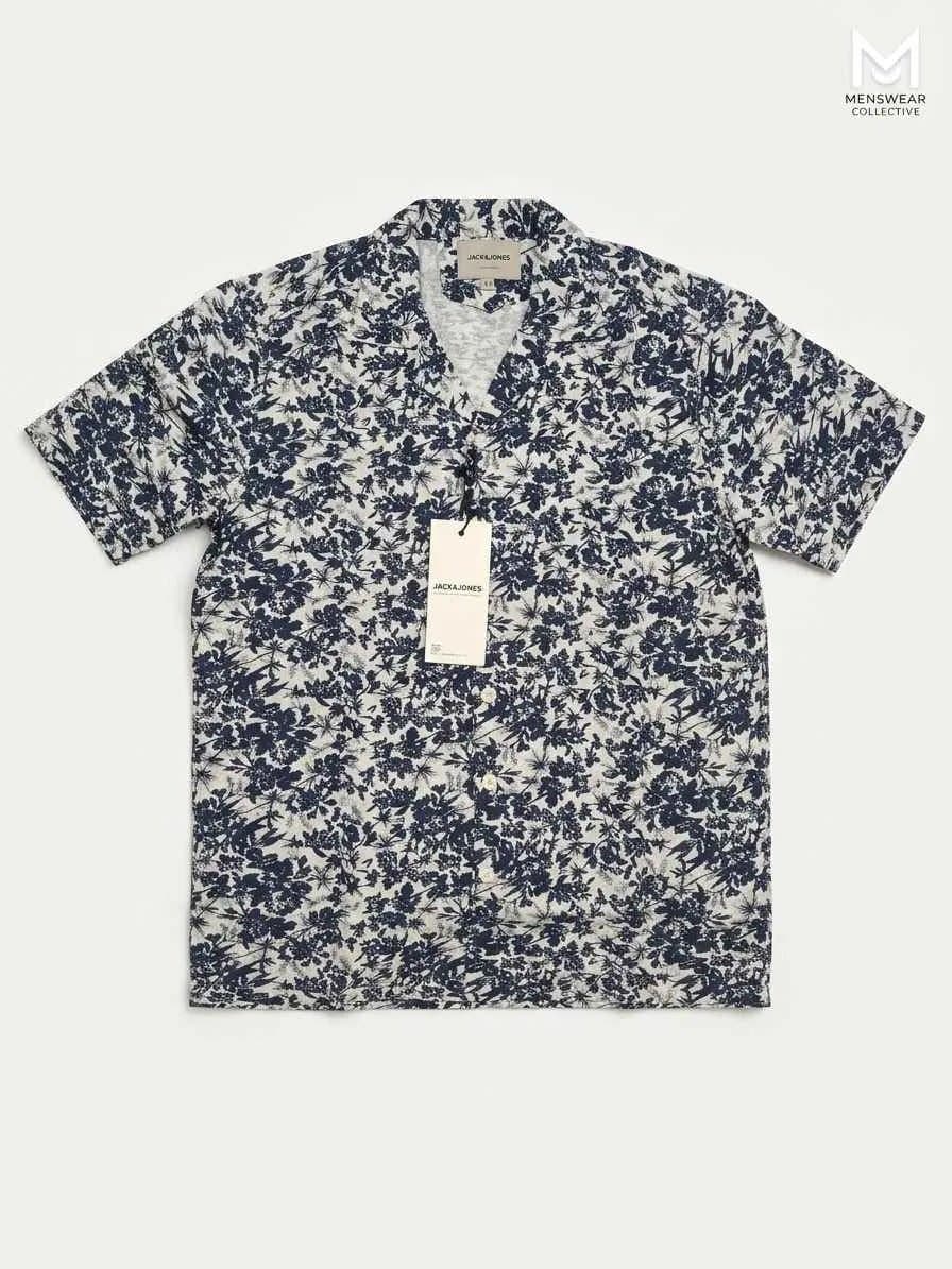 JACK & JONES Navy Blue Floral Print Short-Sleeve Resort Shirt ​